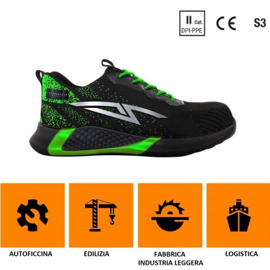 SCARPE BASSE DI SICUREZZA NEON S3 S3L SR ESD GREEN SHOCK TECHNOSAFE