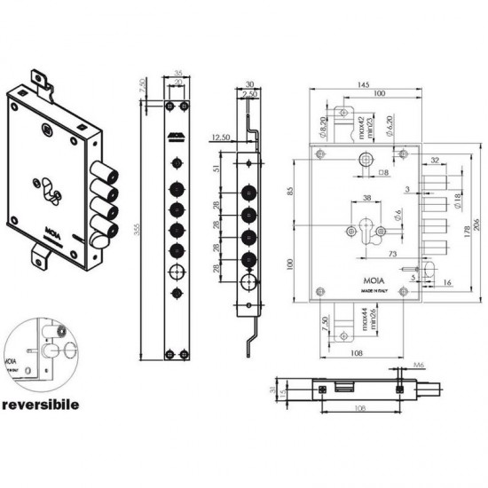 SERRATURA PROFILO EUROPEO ENTRATA 73 PORTA BLINDATA 664/281 MOIA